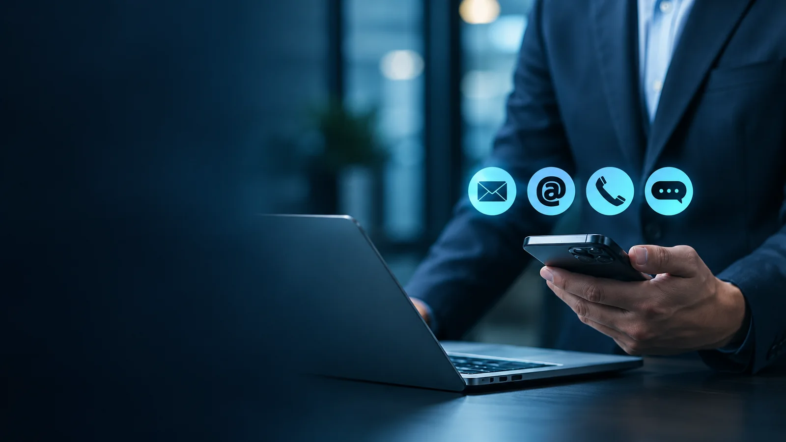 Business professional using a smartphone beside a laptop, with email, telephone and messaging icons.