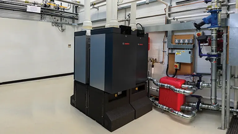 Bosch commercial boiler plant shown in a manufacturer installation example