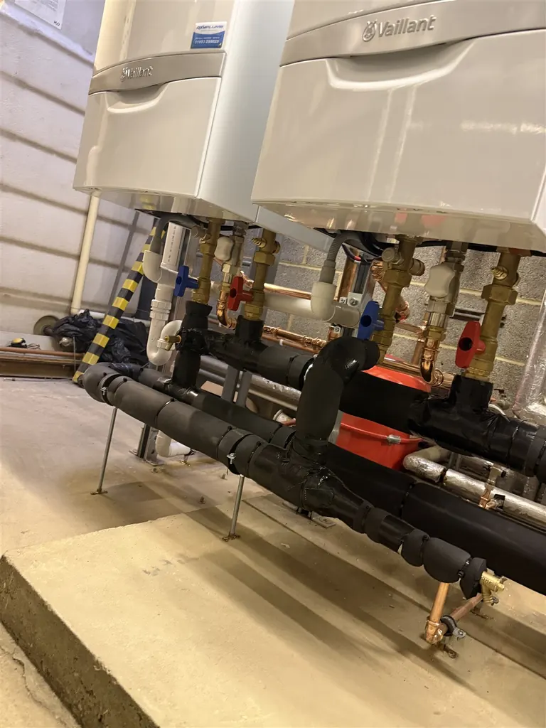 Completed insulated boiler connections, valves and supporting pipework at LTI Metaltech