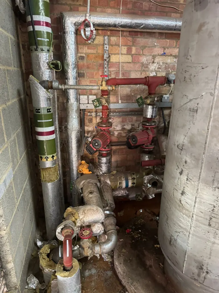 Existing pumps and valves beside the original hot-water calorifier at Mulberry Bush School