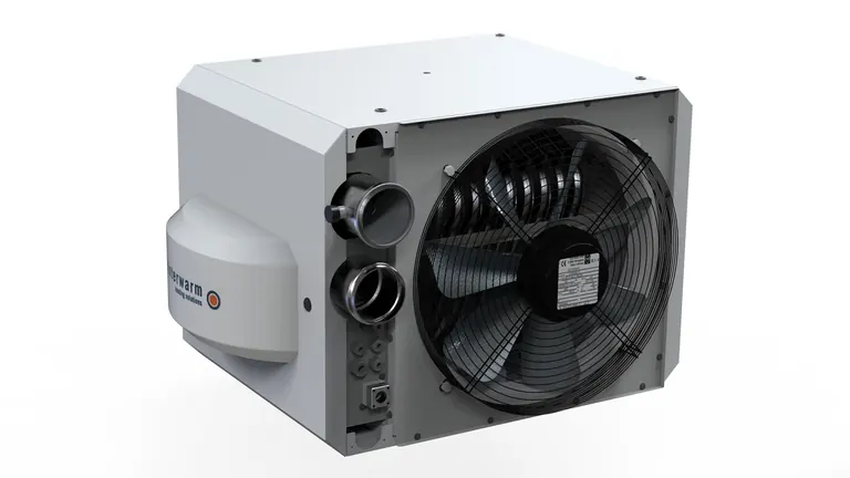 Rear view of a Winterwarm XR+ heater showing fan and connections